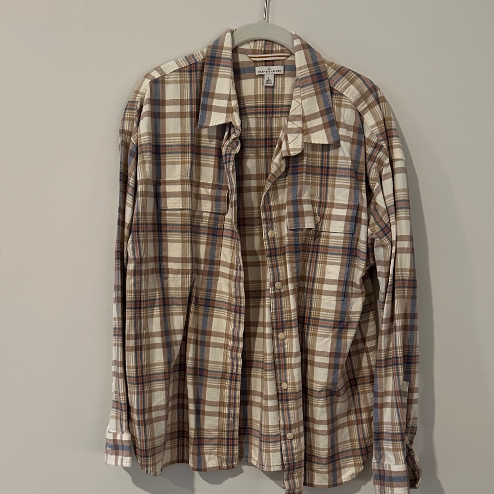 L.L. Bean Signature Cream, Brown & Blue Plaid Shirt